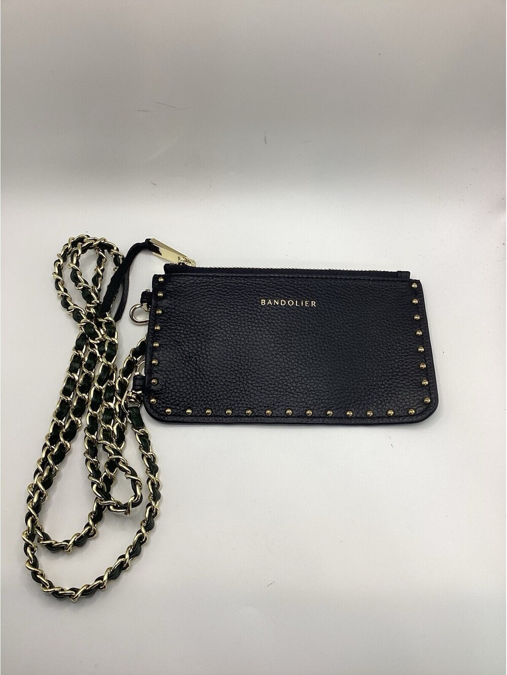 Bandolier Black Flat Pouch With Long Green With Gold Strap